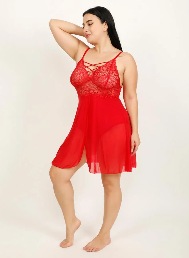 Take Two Plus Size Red Textured Lace Babydoll By Hill Islands